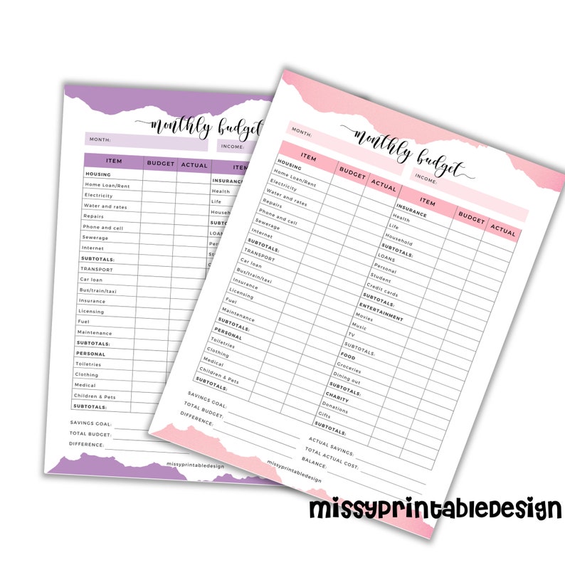 May include: A printable monthly budget tracker with sections for housing, transportation, insurance, loans, entertainment, food, and charity. The tracker has columns for budget, actual, and income. The text "monthly budget" is written in a pink and purple script font.