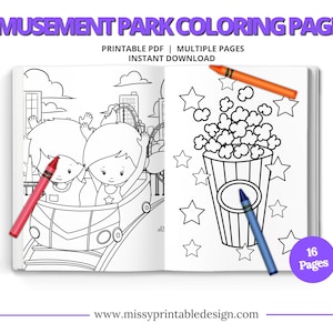 Amusement Park Coloring Pages, Printable Amusement Park Coloring Pages for Kids, Party Activity, DIGITAL