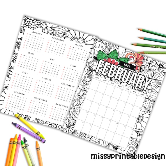2022 Printable Floral Coloring Calendar, Printable 2022 calendar, Instant digital download, DIY printable coloring page