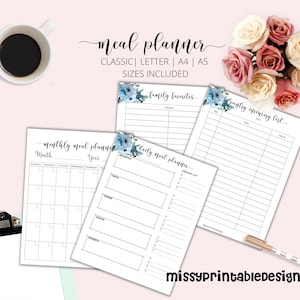 Meal Planner, Printable Daily, Weekly, Monthly, Family Meal Planner, Classic Happy, A5, A4, Letter, Menu Planning Notebook, Planner Inserts