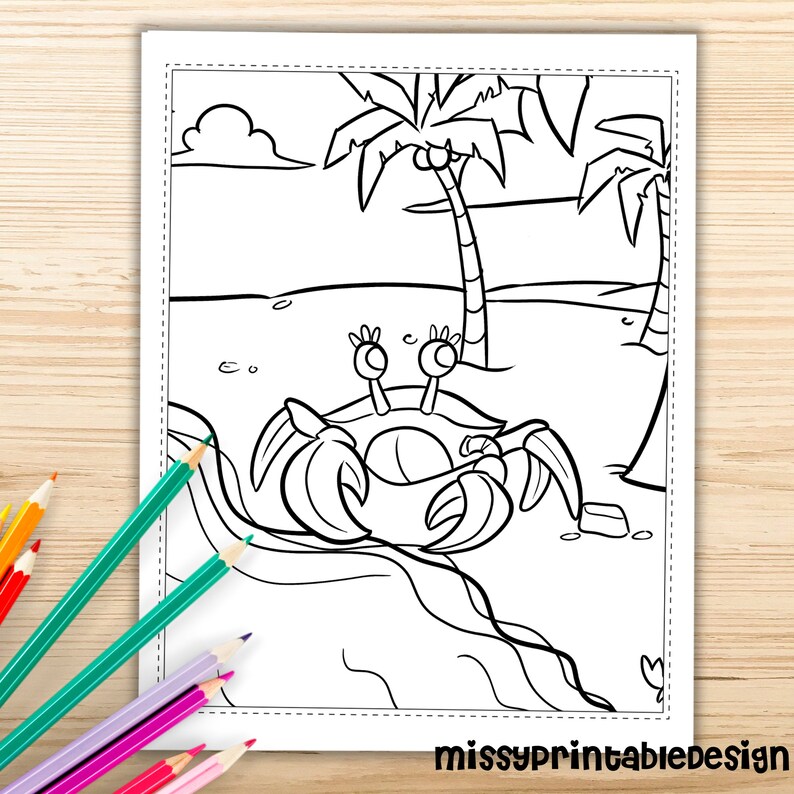 May include: A black and white coloring page featuring a cartoon crab on a beach with palm trees. The crab has large eyes and is holding a small rock in its claw.