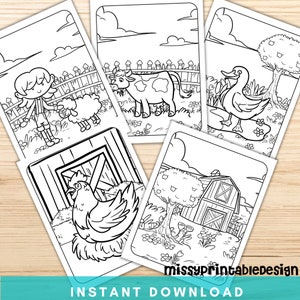 May include: Black and white line art coloring pages featuring farm animals and scenes. Images include a cow, duck, sheep, chicken, and barn. The text "INSTANT DOWNLOAD" is at the bottom of the image, with "missyprintabledesign" in the corner.