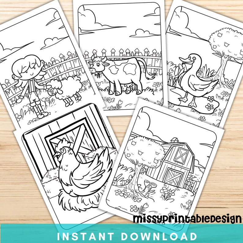 May include: Black and white line art coloring pages featuring farm animals and scenes. Images include a cow, duck, sheep, chicken, and barn. The text "INSTANT DOWNLOAD" is at the bottom of the image, with "missyprintabledesign" in the corner.