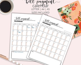 Bill Payment Calendar, Printable Bill Payment Organizer, Monthly/Yearly Bill Organizer, Monthly Bill Calendar - INSTANT DOWNLOAD