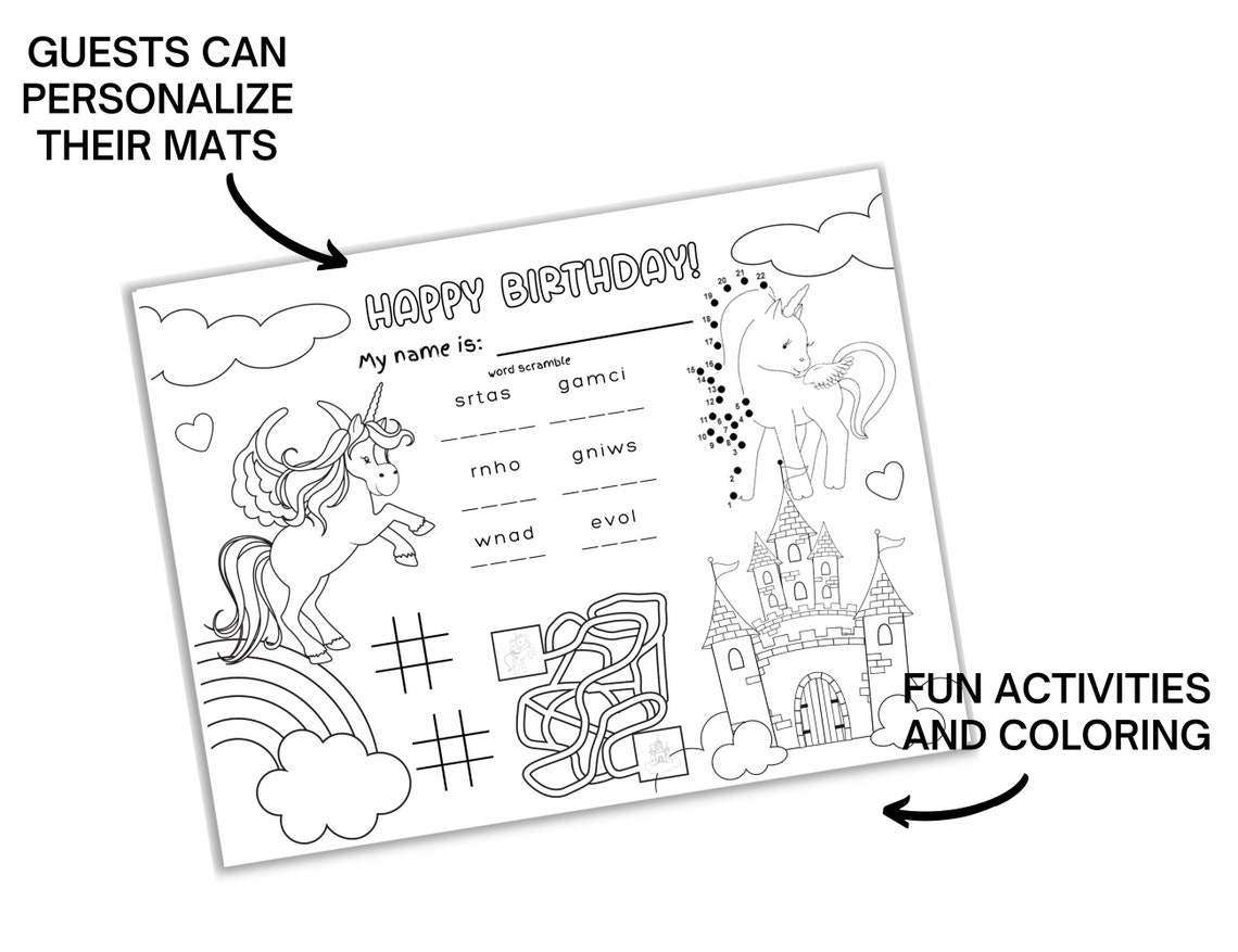 Unicorn Birthday Party Placemats: Kids Coloring Page (PDF) - Etsy