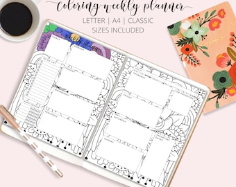 May include: A black and white printable weekly planner featuring a floral design. The planner includes sections for goals, to-do lists, habit trackers, reminders, top priorities, important dates, and daily schedules for Monday through Sunday.