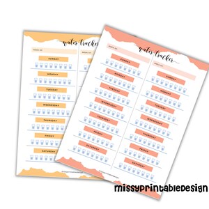 May include: Two printable water tracker sheets with a peach and yellow background. Each sheet has a grid of 28 glasses for tracking daily water intake. The days of the week are listed on the left side of the sheet, and the word "water tracker" is written at the top of each sheet.