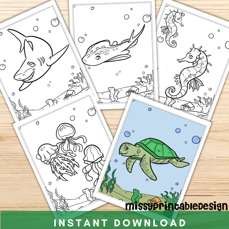 May include: Five black and white coloring pages featuring sea creatures. The pages include a shark, a ray, a seahorse, a jellyfish, and a sea turtle.