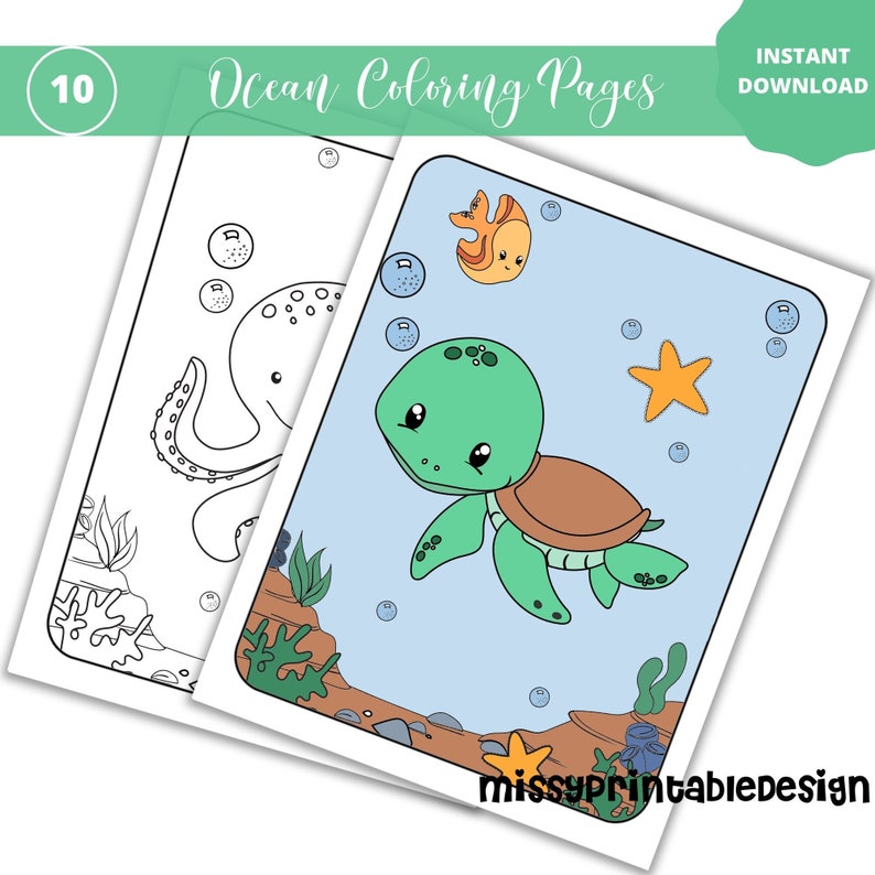 May include: A black and white colouring page featuring a cute cartoon octopus and a turtle swimming in the ocean. The page includes bubbles, seaweed, and a starfish.
