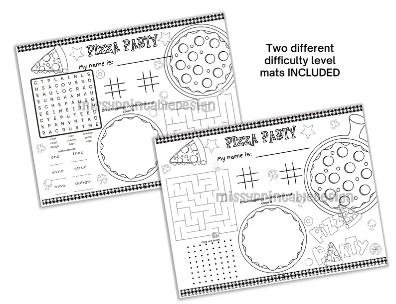 May include: Two black and white printable placemats with a pizza theme. Each placemat features a word search, a maze, a connect the dots activity, and a pizza to color. The text on the placemats reads "Pizza Party".