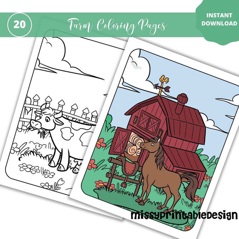 May include: Two farm coloring pages. One page is a black and white illustration of a cow eating grass in front of a fence. The other page is a colored illustration of a brown horse in front of a red barn. Text on the image says "Farm Coloring Pages" and "Instant Download".