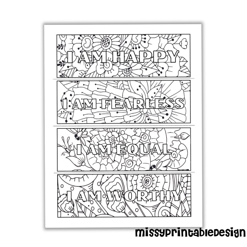 K&ouml;nnte beinhalten: Vier schwarz-wei&szlig;e druckbare Lesezeichen mit floralen Designs und dem Text "Ich bin gl&uuml;cklich", "Ich bin furchtlos", "Ich bin gleich" und "Ich bin es wert".