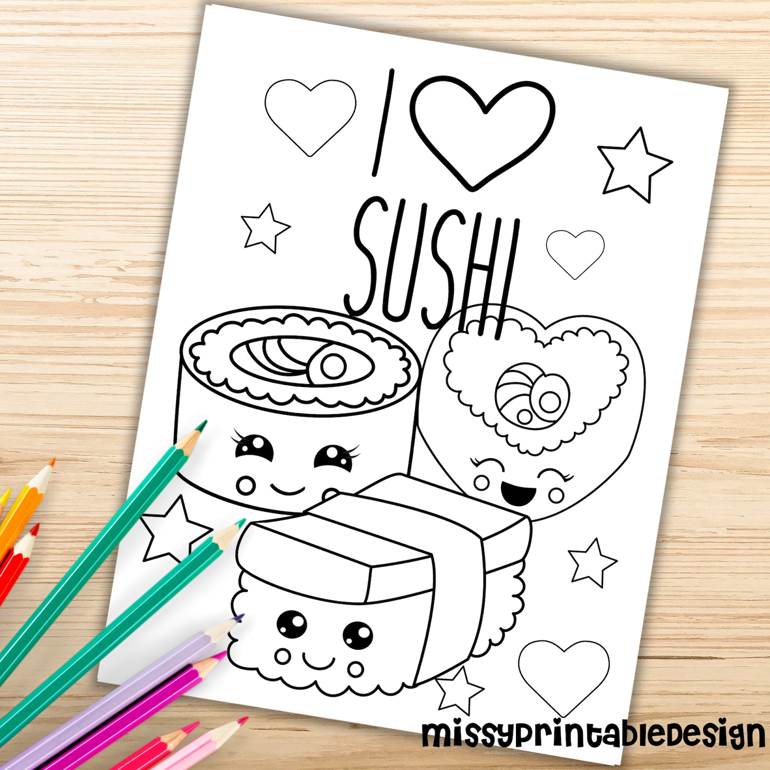 Kawaii Sushi Coloring Pages for Kids Printable Sushi Coloring Etsy
