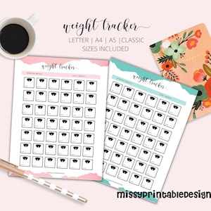 May include: Two printable weight tracker sheets with a pink and a blue background. Each sheet has a section for starting weight and goal weight. The sheets are filled with 49 squares, each with a scale icon and space for a date and weight.