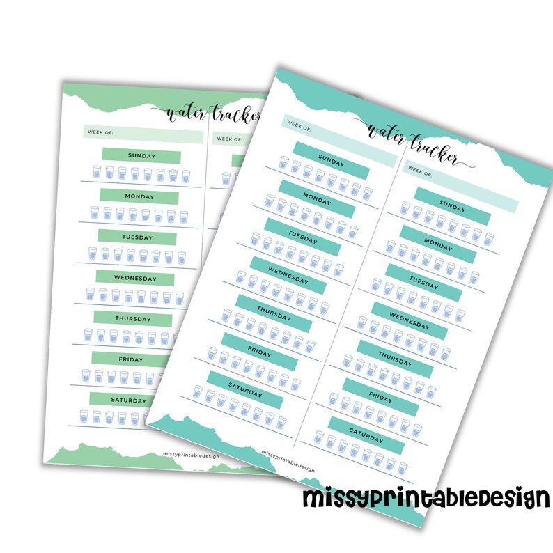 May include: Two printable water tracker sheets with a light green and light blue background. Each sheet has a section for each day of the week, with a row of 10 glasses to track water intake.