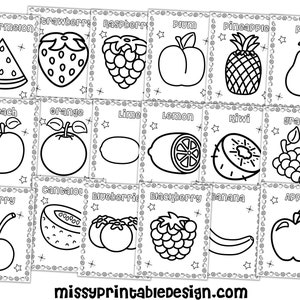 Puede incluir: Ilustraciones en blanco y negro de l&iacute;nea de varias frutas y verduras, incluyendo sand&iacute;a, fresa, frambuesa, ciruela, pi&ntilde;a, pera, melocot&oacute;n, naranja, lima, lim&oacute;n, kiwi, uvas, cereza, mel&oacute;n, ar&aacute;ndano, mora, pl&aacute;tano y manzana.