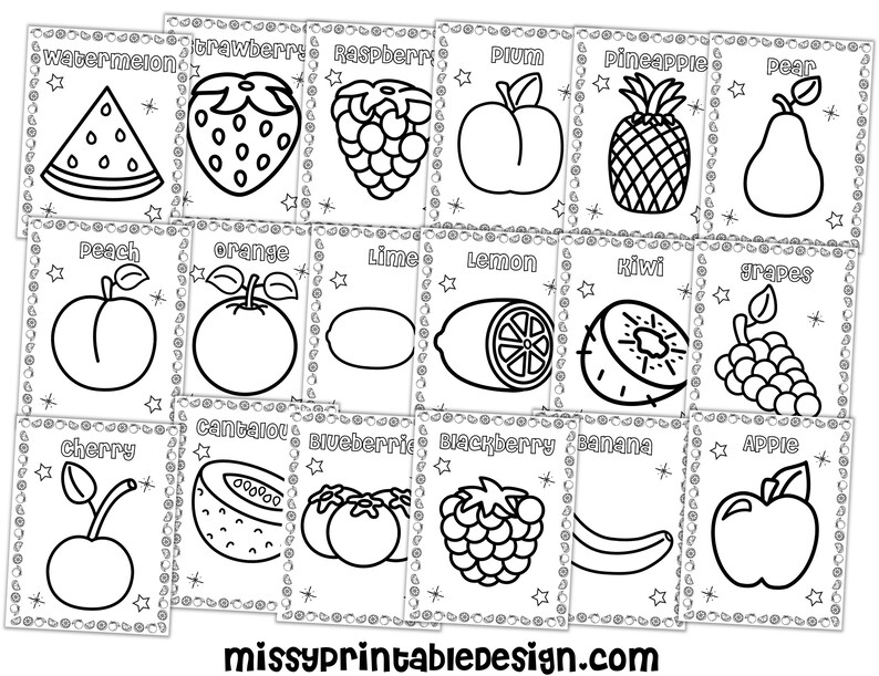 Puede incluir: Ilustraciones en blanco y negro de l&iacute;nea de varias frutas y verduras, incluyendo sand&iacute;a, fresa, frambuesa, ciruela, pi&ntilde;a, pera, melocot&oacute;n, naranja, lima, lim&oacute;n, kiwi, uvas, cereza, mel&oacute;n, ar&aacute;ndano, mora, pl&aacute;tano y manzana.
