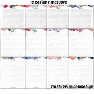 May include: Twelve printable note paper designs featuring watercolor floral borders in various colors. Each sheet has the word "notes" at the top and lined paper.