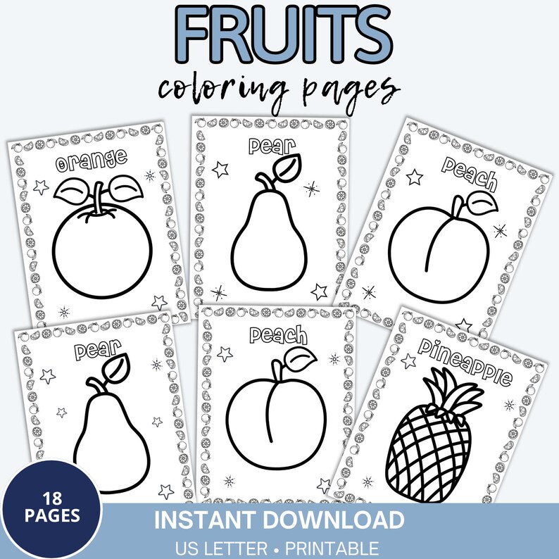 Dibujos de frutas para colorear, hojas de actividades para niños (DESCARGA INMEDIATA) imagen 1