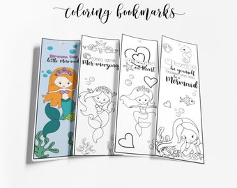 Mermaid Coloring Bookmarks, Kids Birthday Activity (INSTANT DOWNLOAD)