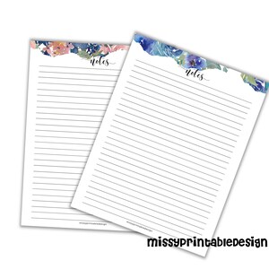May include: Two printable note pages with floral designs. The top page has pink and blue flowers. The bottom page has blue flowers. Both pages have the word "notes" written at the top.
