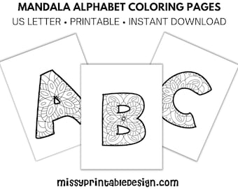 Mandala Alphabet Letters Coloring Pages, Printable Adult Coloring Pages, Adult Coloring A-Z, Alphabet Wall Art