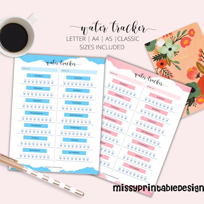 May include: Two printable water tracker sheets with a blue and pink watercolor background. Each sheet has a grid of 8 rows and 7 columns with a glass icon in each cell. The text "water tracker" is at the top of each sheet. The text "Week of" is at the top of each sheet. The days of the week are listed down the left side of each sheet. The text "missyprintabledesign" is at the bottom of each sheet.