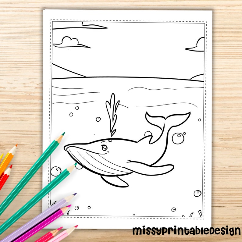 May include: A black and white line drawing of a whale swimming in the ocean. The whale has a friendly face and is surrounded by bubbles. The ocean is depicted with wavy lines and there are clouds in the sky above.