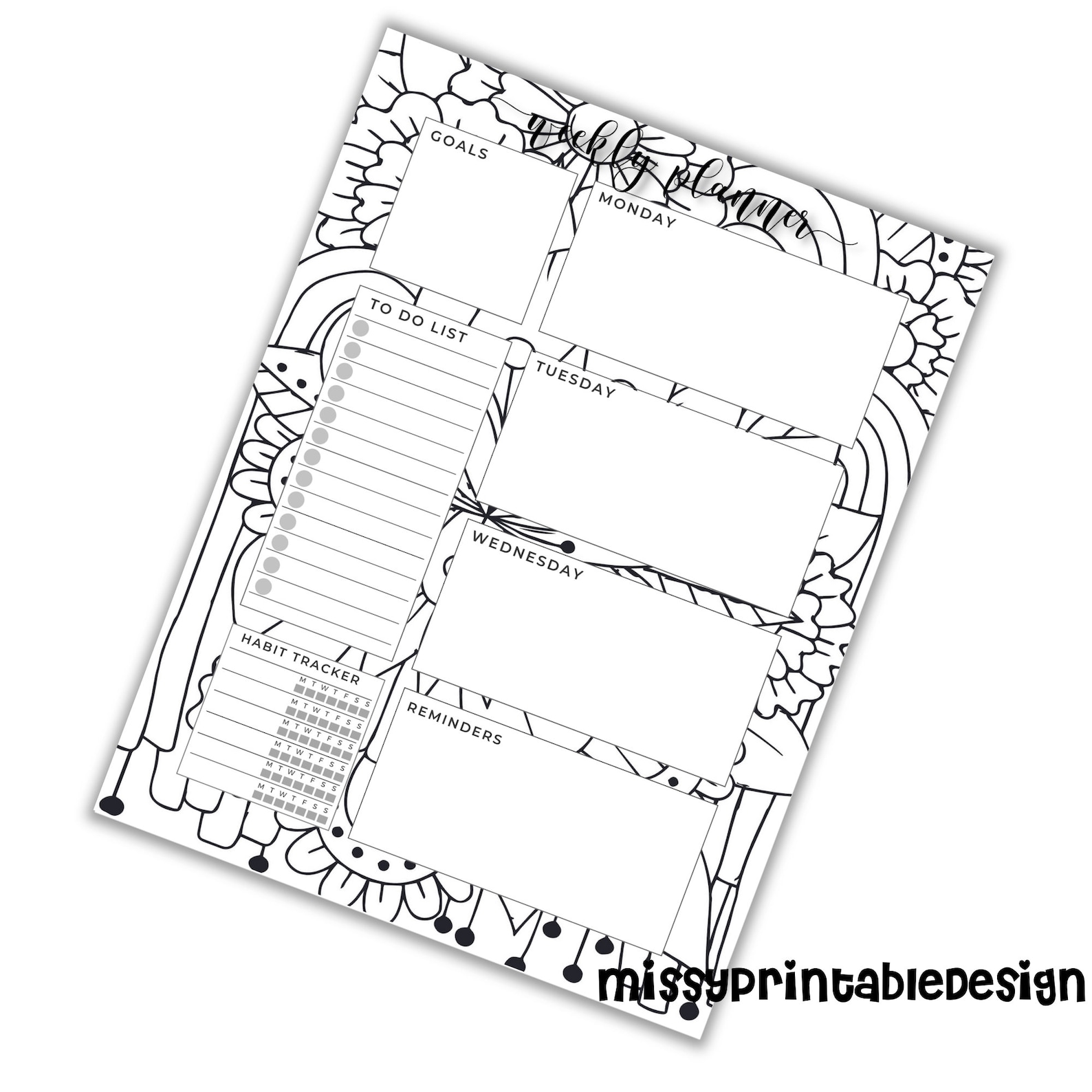 Coloring Weekly Planner Calendar Printable Coloring Weekly Etsy