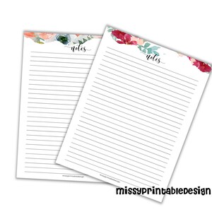 May include: Two printable floral note sheets with the word "notes" written in cursive at the top of each sheet. The sheets have a white background with black lines and a floral border.