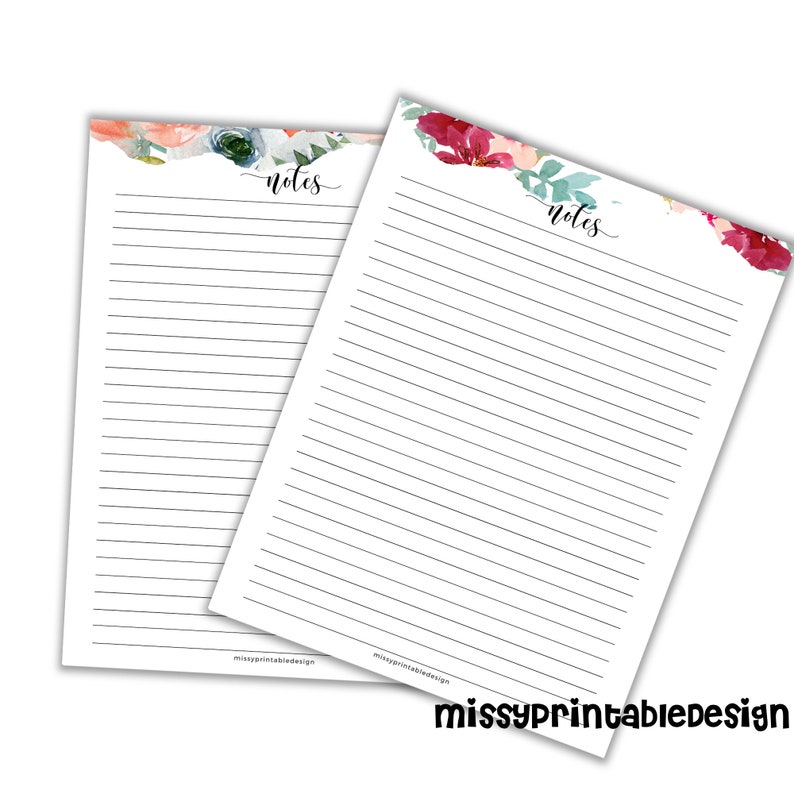 May include: Two printable floral note sheets with the word "notes" written in cursive at the top of each sheet. The sheets have a white background with black lines and a floral border.