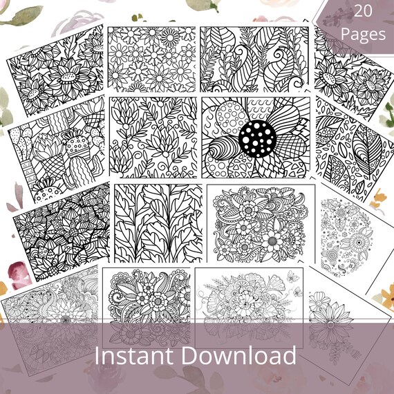 Download Floral Coloring Pages Adults 20 Printable Flower Coloring Etsy