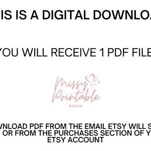 Puede incluir: Texto sobre un fondo blanco que dice "Esto es una descarga digital. Recibir&aacute;s 1 archivo PDF. Descarga el PDF desde el correo electr&oacute;nico que Etsy te enviar&aacute; o desde la secci&oacute;n de compras de tu cuenta de Etsy." El texto est&aacute; en negro. Debajo del texto hay un logotipo rosa que dice "Missy Printable Design".