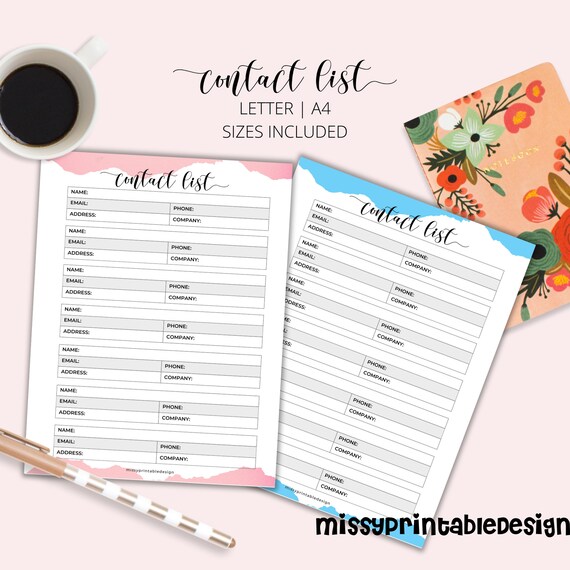 Contact List Printable Address Book Pages Printable Planner Inserts 
