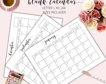 Horizontal Monthly Blank Calendar, Printable Simple Calendar, 11 x 8.5 inches, Calendar Inserts, Minimalist Calendar, Instant Download