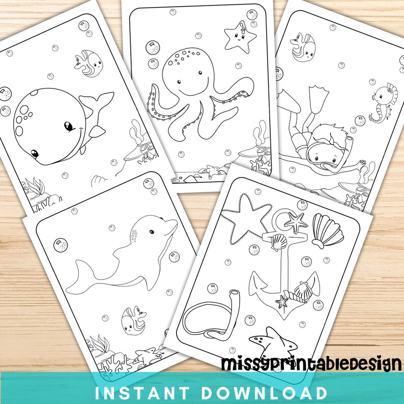 May include: Five black and white colouring pages featuring various sea creatures, including an octopus, a whale, a dolphin, a diver, and an anchor. The pages are designed for children to colour.