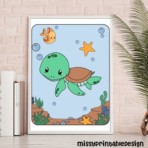 May include: A printable colouring page featuring a cartoon sea turtle swimming in the ocean. The turtle is green with a brown shell and has big, cute eyes. There is a yellow starfish, an orange fish, and bubbles in the background.