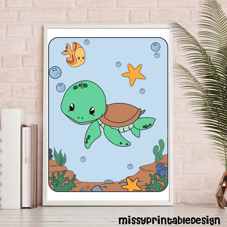 May include: A printable colouring page featuring a cartoon sea turtle swimming in the ocean. The turtle is green with a brown shell and has big, cute eyes. There is a yellow starfish, an orange fish, and bubbles in the background.