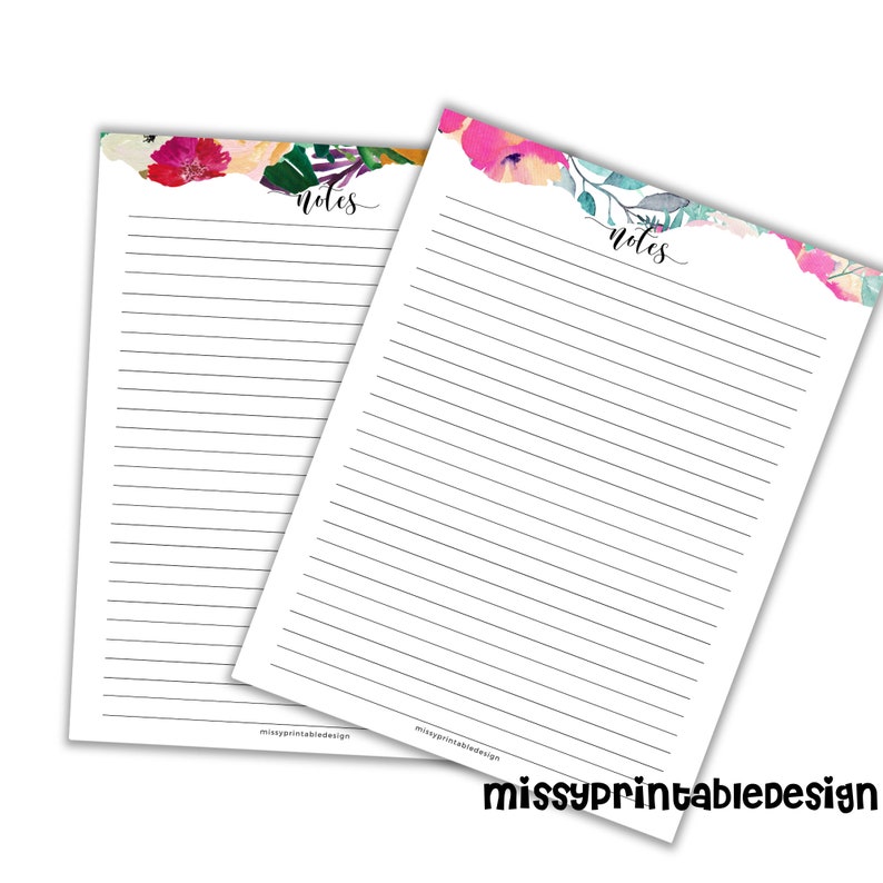 May include: Two printable floral note pages with the word "notes" written in cursive at the top of each page. The floral design is in shades of pink, green, and blue.