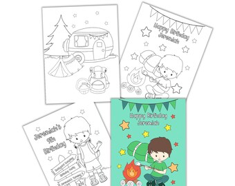Personalized Camping Birthday Party Coloring Pages (Digital Download)