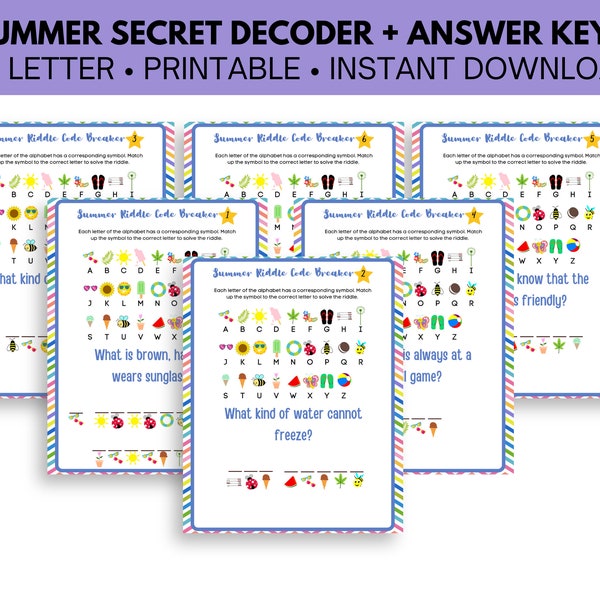 Summer Secret Message Decoder, Printable Summer Riddles Secret Message, Summer Party Games, Fun Summer Activities