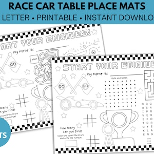 Tovagliette da tavolo per auto da corsa, tovagliette per feste di compleanno stampabili, pagina da colorare per bambini, compleanno per bambini, tovaglietta di carta personalizzata