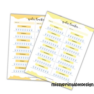 May include: Two printable water tracker sheets with a yellow background and blue water glass icons. The sheets are labeled "water tracker" and have a space for the week number. Each sheet has a column for each day of the week, Sunday through Saturday, with 10 water glasses to track daily intake.