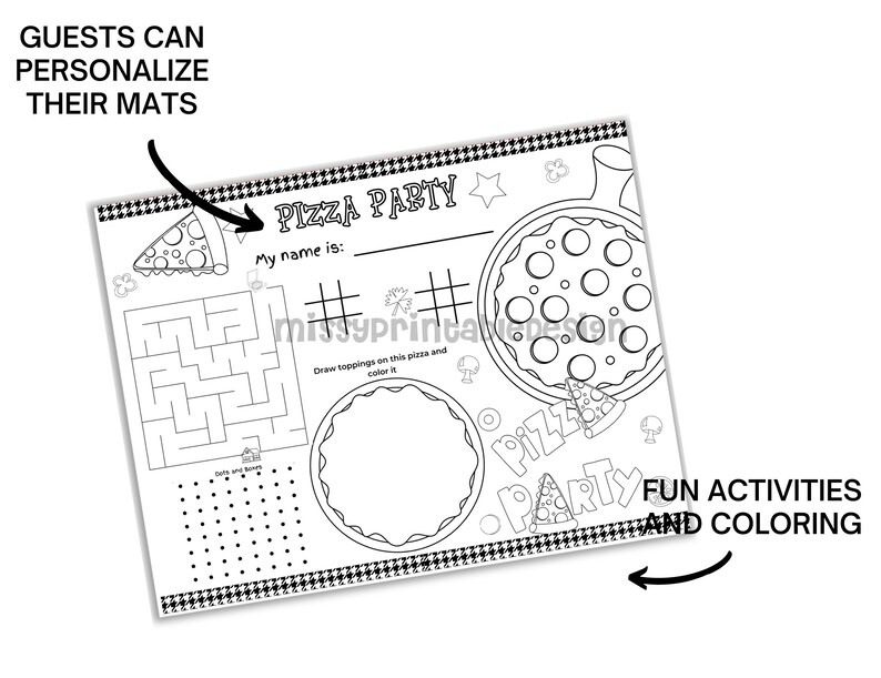 May include: Black and white printable pizza party placemat with a maze, a dot-to-dot game, and a pizza to color. The placemat has the text "Pizza Party" and "My name is:" at the top. It also says "Fun Activities and Coloring" at the bottom.