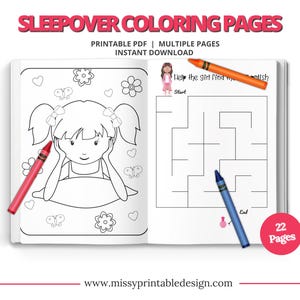 Sleepover Coloring Pages, Printable Slumber Party Coloring Book, Pajama Party Coloring, Pajama Party Activity, INSTANT DOWNLOAD