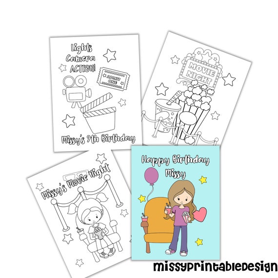 Personalized Movie Night Party Coloring Pages, Custom Movie Night Birthday Party Coloring Pages, Coloring Pages for Kids