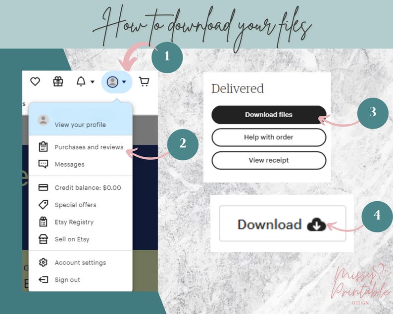 May include: A screenshot of a computer screen showing how to download digital files from Etsy. The screen shows a menu with options like "View your profile", "Purchases and reviews", and "Messages". The screen also shows a button that says "Download files" and another button that says "Download".