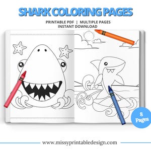 Shark Coloring Pages, Printable Kids Coloring Pages, Shark Birthday Party, INSTANT DOWNLOAD
