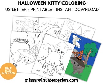 Halloween Kitten Coloring Pages, Printable Halloween Coloring, Coloring Pages for Kids, Halloween Party Activity, Printable Halloween