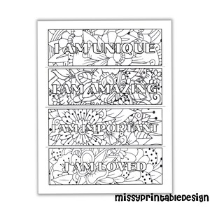 K&ouml;nnte beinhalten: Vier schwarz-wei&szlig;e druckbare Lesezeichen mit floralen Designs und dem Text "Ich bin einzigartig", "Ich bin fantastisch", "Ich bin wichtig" und "Ich bin geliebt".